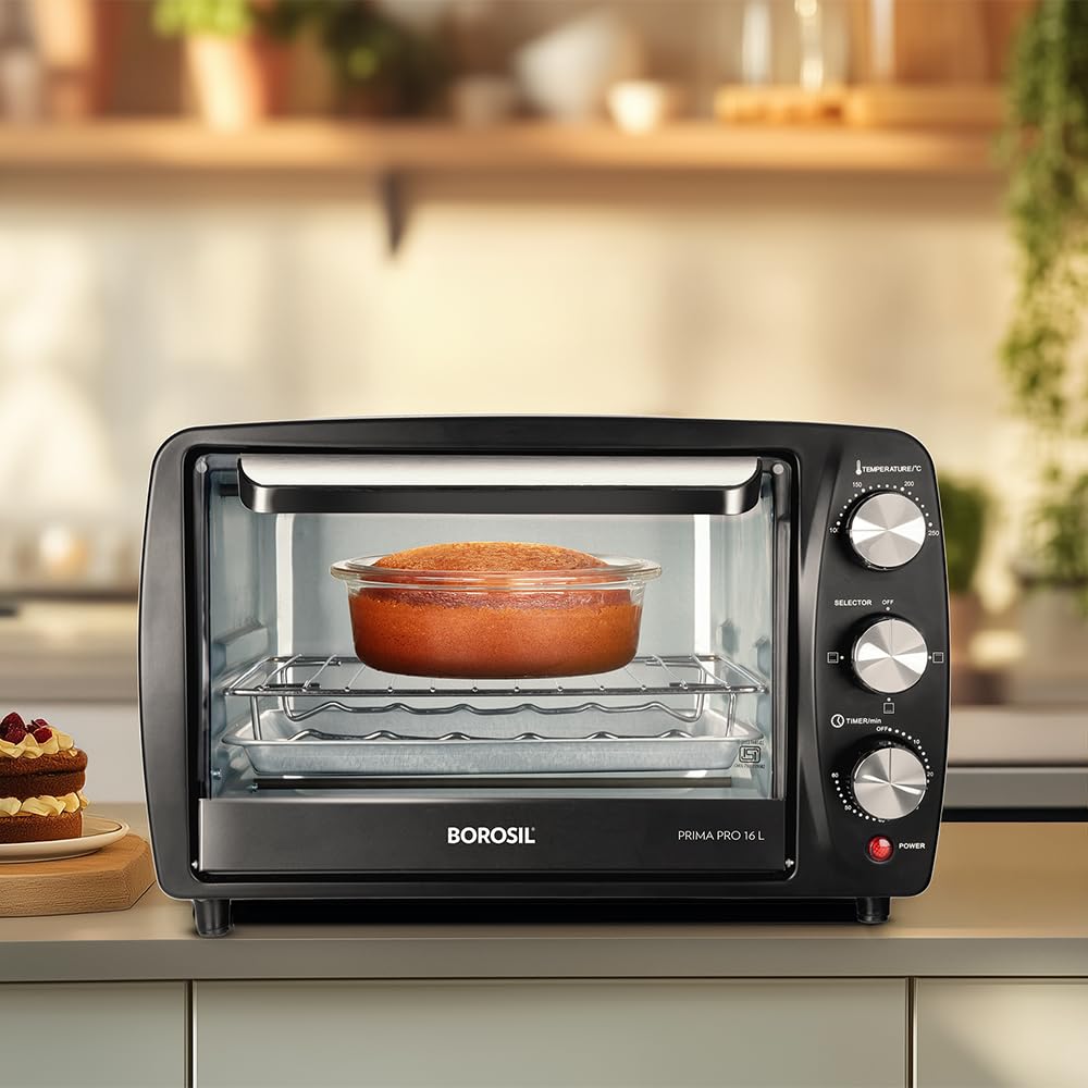 borosil 16l 1350w prima pro oven toaster griller | grill, bake, toast, reheat, barbeque | adjustable temperature control, auto shut off | pizza oven, cake oven for baking | 2 years warranty