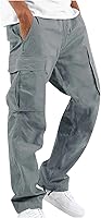 Vista 8 de WENKOMG1 Pantalones cargo de algodón para hombre, cintura elástica sólida, pierna recta, pantalones con cordón, pantalones ajustados para hombres