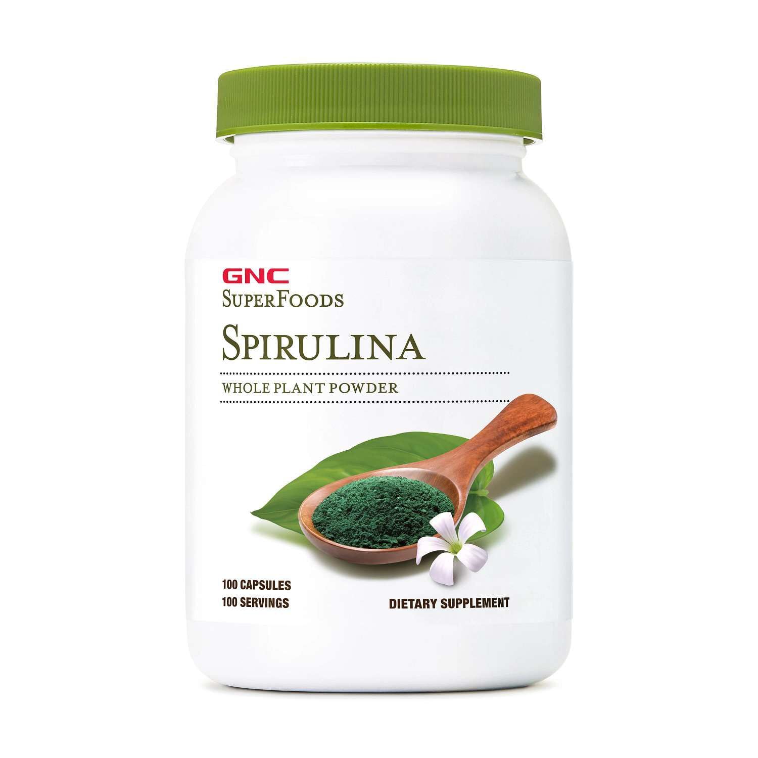 GNC SuperFoods Spirulina Whole Plant Powder, 100 Capsules, 100 Servings