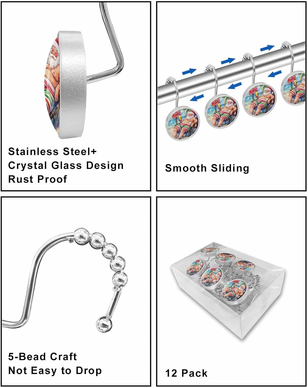 Shower Curtain Hooks 12 Pcs Merry Christmas Nude Santa Claus Basking Ocean Beach Stainless Steel Rust Proof Rolling Shower Curtain Rings, Decorative Shower Curtain Hooks Hangers for Bathroom