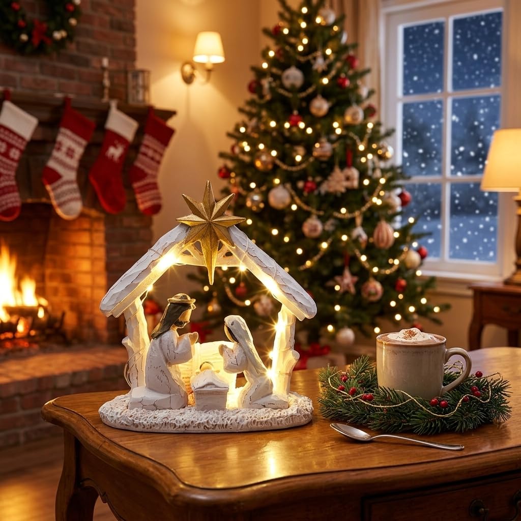 Crèche de Noël avec lumières, Figurine sculptée Peinte à la Main – Décoration de première Histoire de Noël, mangeoire de Vacances, crèche de Noël pour décoration d'intérieur, Table