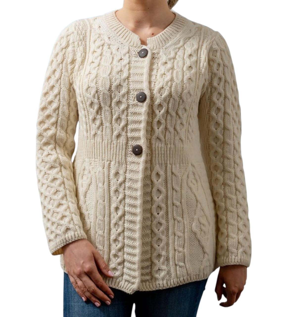 Carriag Donn Aran Sweater Made in Ireland for Women Merino Wool a Line Cardigan