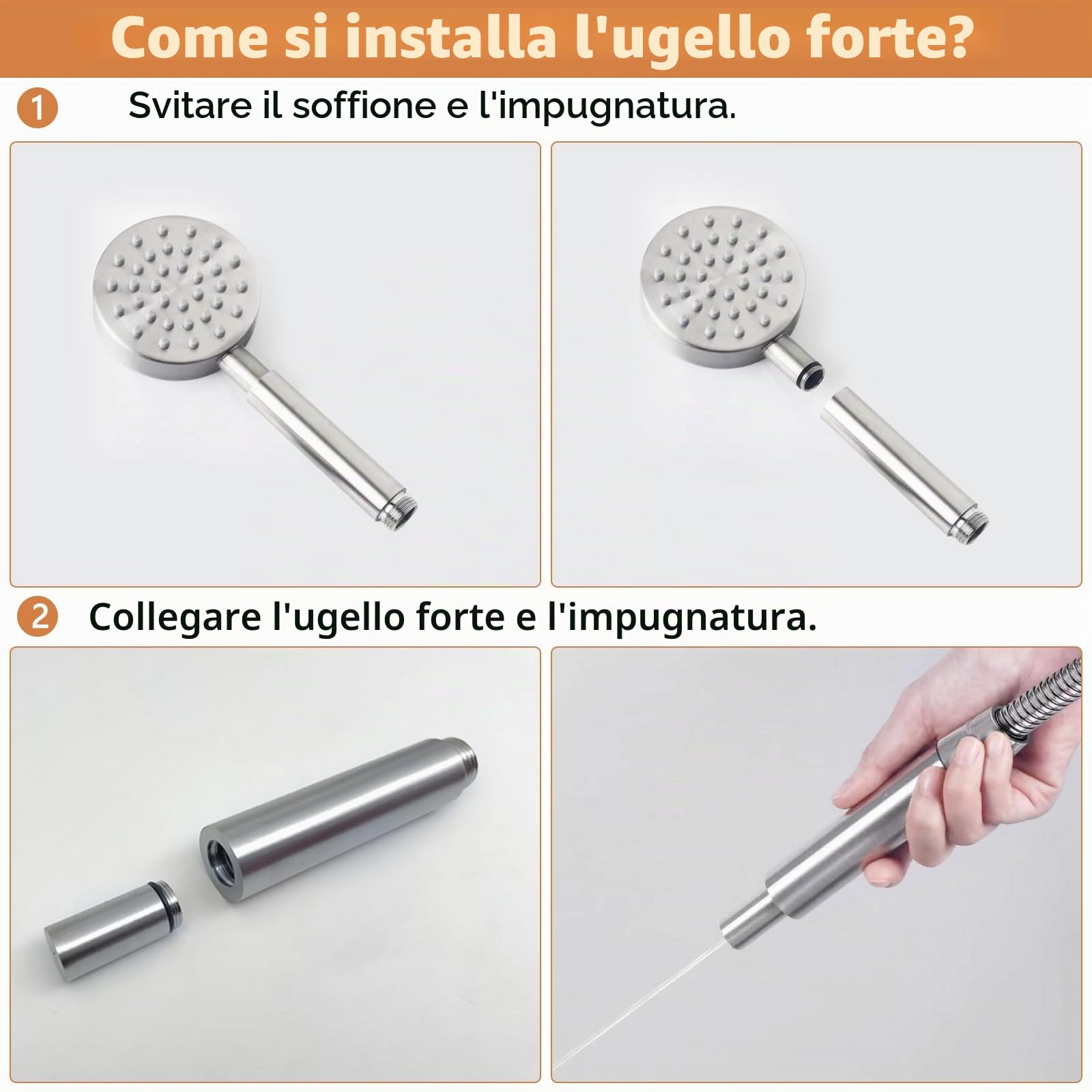 Soffione doccia in acciaio inox con tubo, doccetta in metallo, doccetta ad alta pressione, per risparmiare acqua, soffione doccia a pioggia con ugello forte per bagno, spa, pulizia vasca, spazzolata