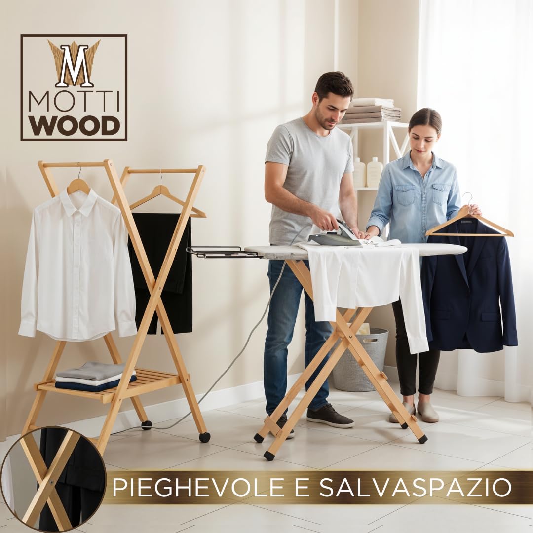 Stira & Perchero, carro perchero plegable y ahorra espacio, 100% madera de haya, ruedas multidireccionales, 62,49 x 122 cm, perchero de hombre, fabricado en Italia