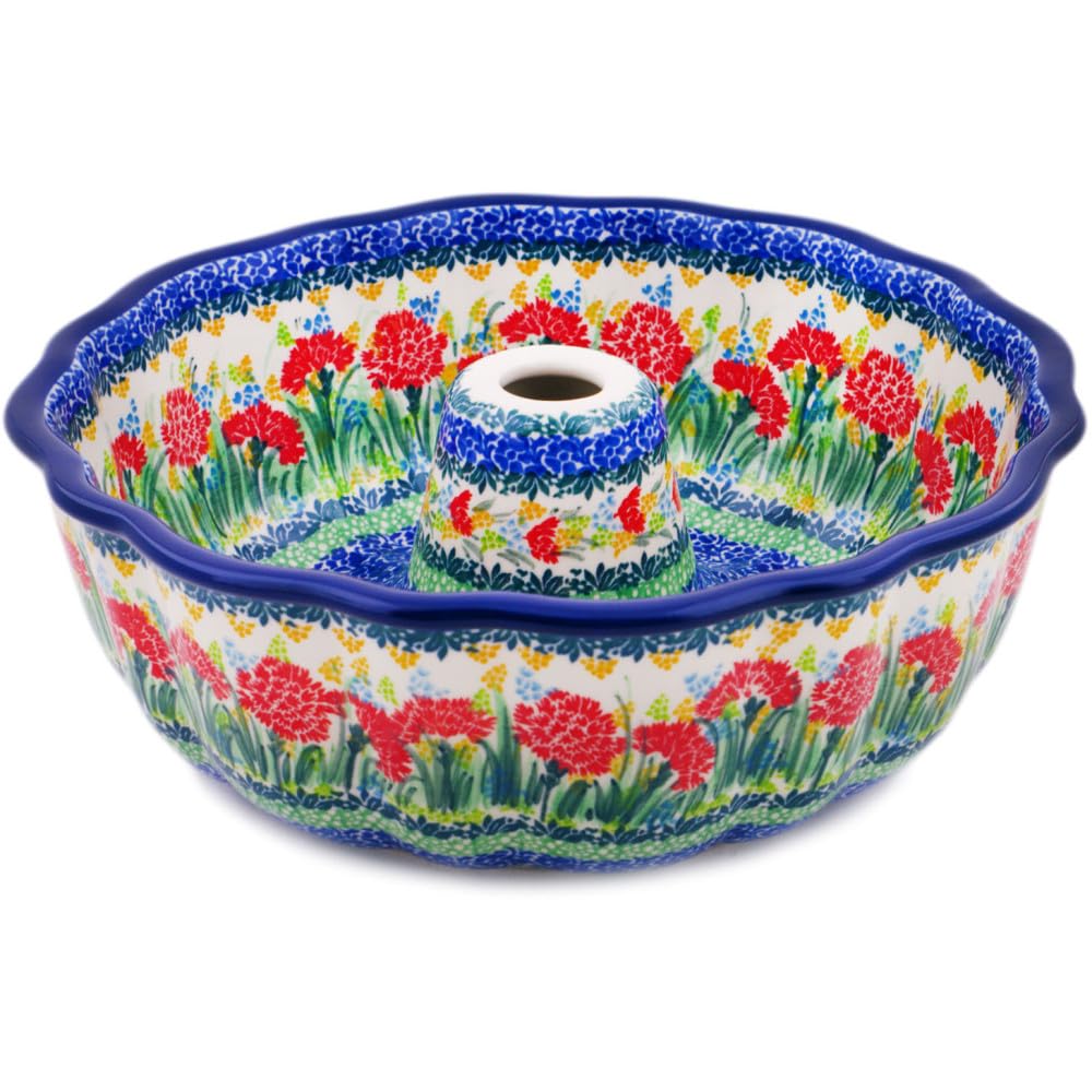 Authentic Polish Pottery Cake Mould Signature UNIKAT in Bright Carnations Design Handmade in Boles?awiec Poland by Ceramika Artystyczna + Certificate of Authenticity