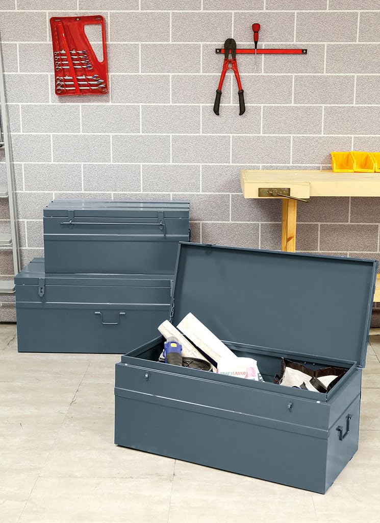 COGEX 62739 Lot de 3 Malles Métalliques Grises Cadenassables – 70 L, 100 L et 150 L – Avec Poignées & Chaîne de Retenue – Rangement, Stockage, Déménagement, Gris