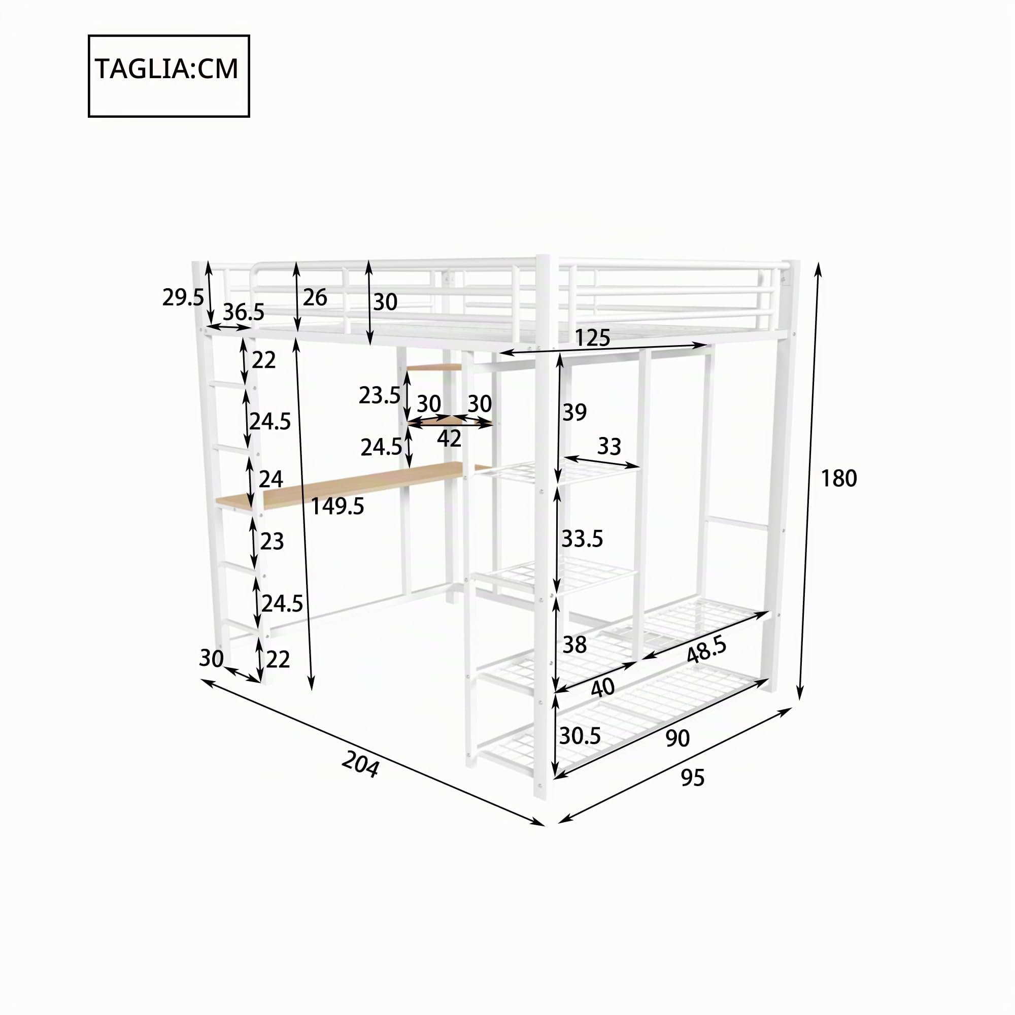 Dolamaní Letto a soppalco 90 x 200 cm, con scrivania e mensola, per ragazzi e adulti, capacità di carico 120 kg, letto in metallo con rete a doghe, stabile e aperto, bianco