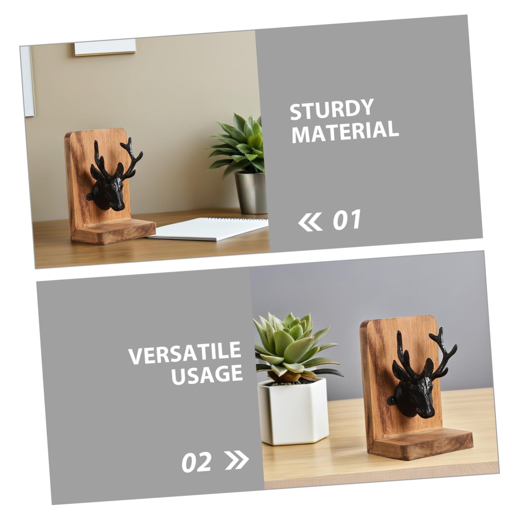 Operitacx Sujetalibros de Madera para Libros Pesados Diseño Nórdico de Cabeza de Ciervo – Soporte Decorativo para Escritorio y Estanterías en Oficinas y Estudios