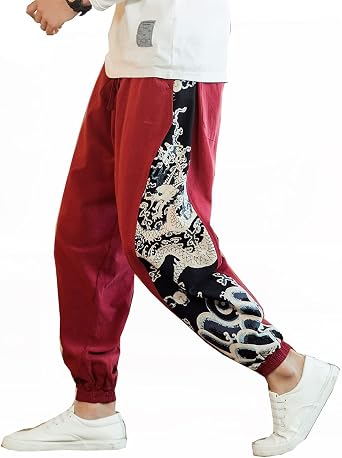 Seidarise Mens Linen Cargo Jogger Pant Japanese Hip Hop Sweatpants Harem Pants Sports