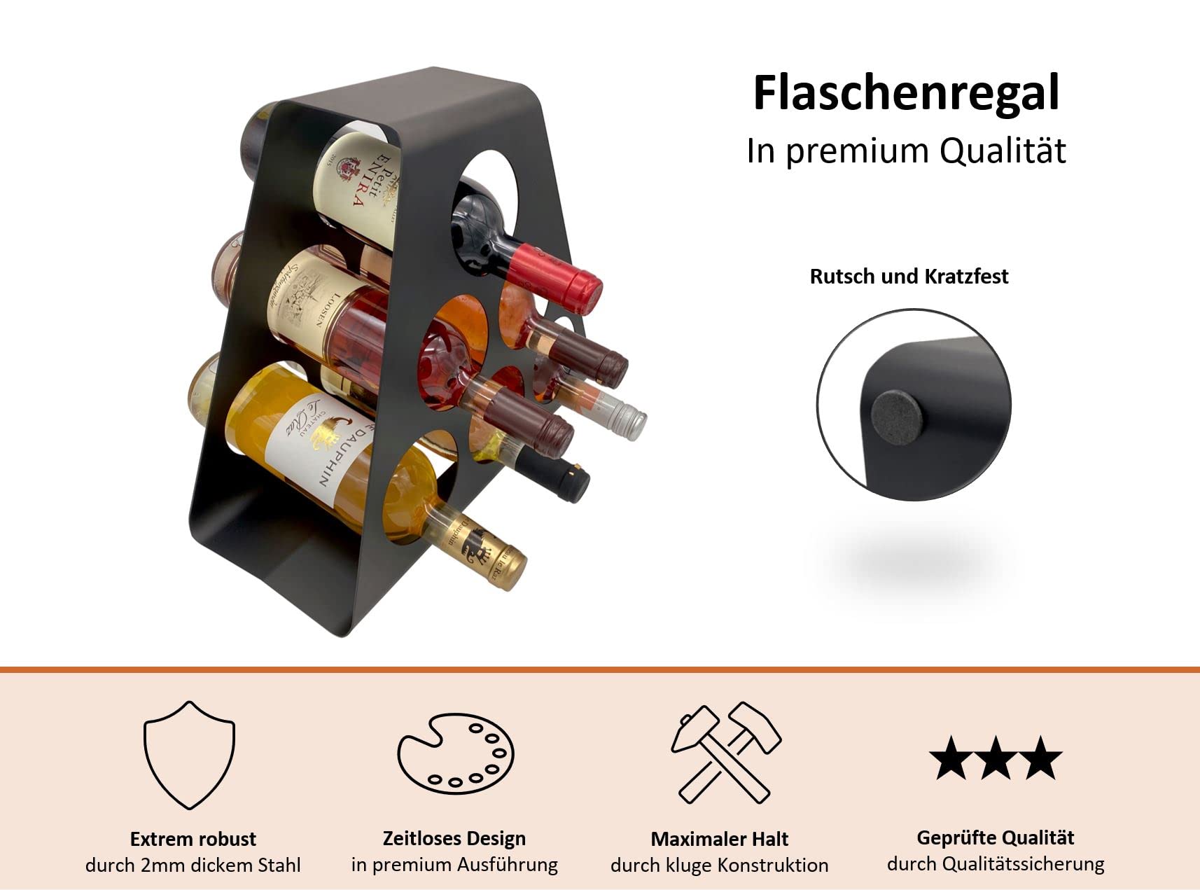 Regał na wino (6 uchwytów na butelki), wolnostojący, nowoczesny design, wykonany ze stabilnego metalu, z powłoką proszkową premium, kolor czarny