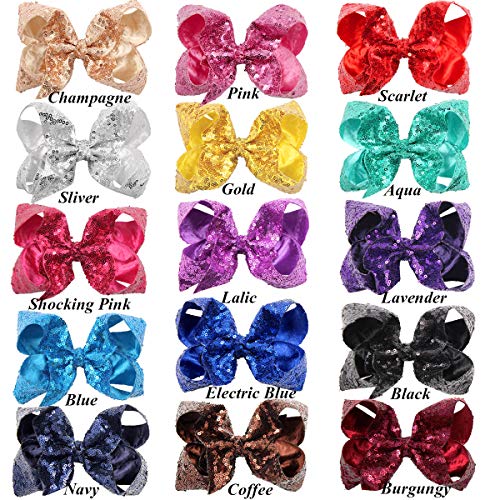15Pcs Bling 6 Inch Hair Bows Large Big Sparkly Glitter Sequin Bows Alligator Hair Clips For Baby Girls Toddlers Kids Children Teens #TOP5