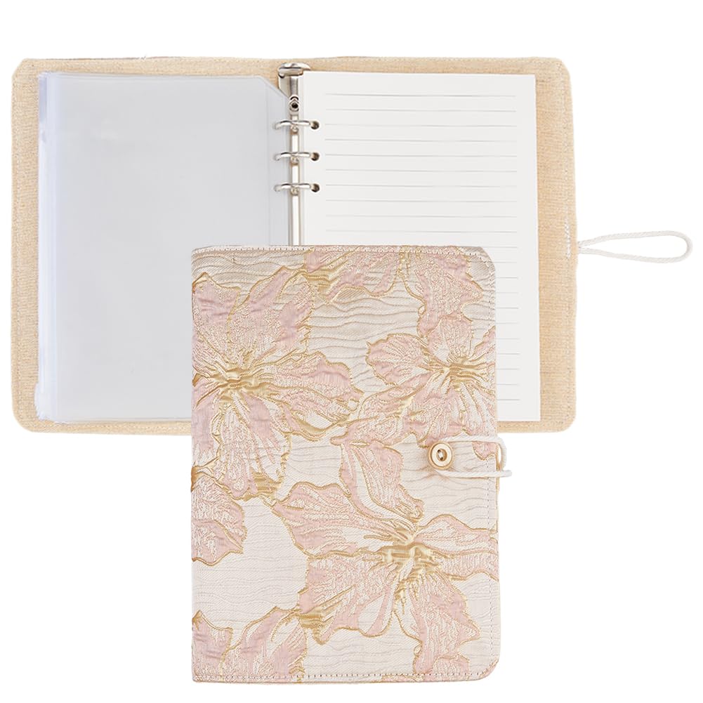 SUPERFINDINGS Embroidered Journal A5 Pink Flower Notebook 6 Ring Binder Cloth Refillable Notebook with 180 Lined Paper and 10 PVC Zipper Pockets for Women Planner Binder Back to School Gift