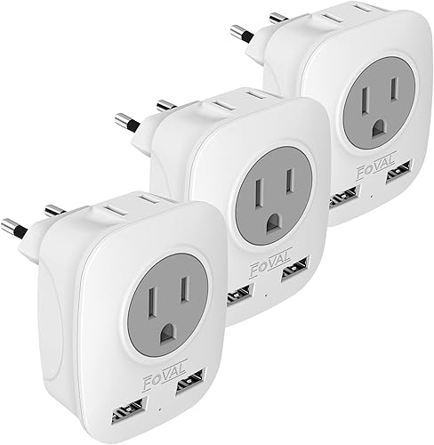 Adaptador de viaje de enchufe europeo, paquete de 3 adaptadores de corriente FOVAL International con 2 USB, 2 salidas americanas, adaptador de