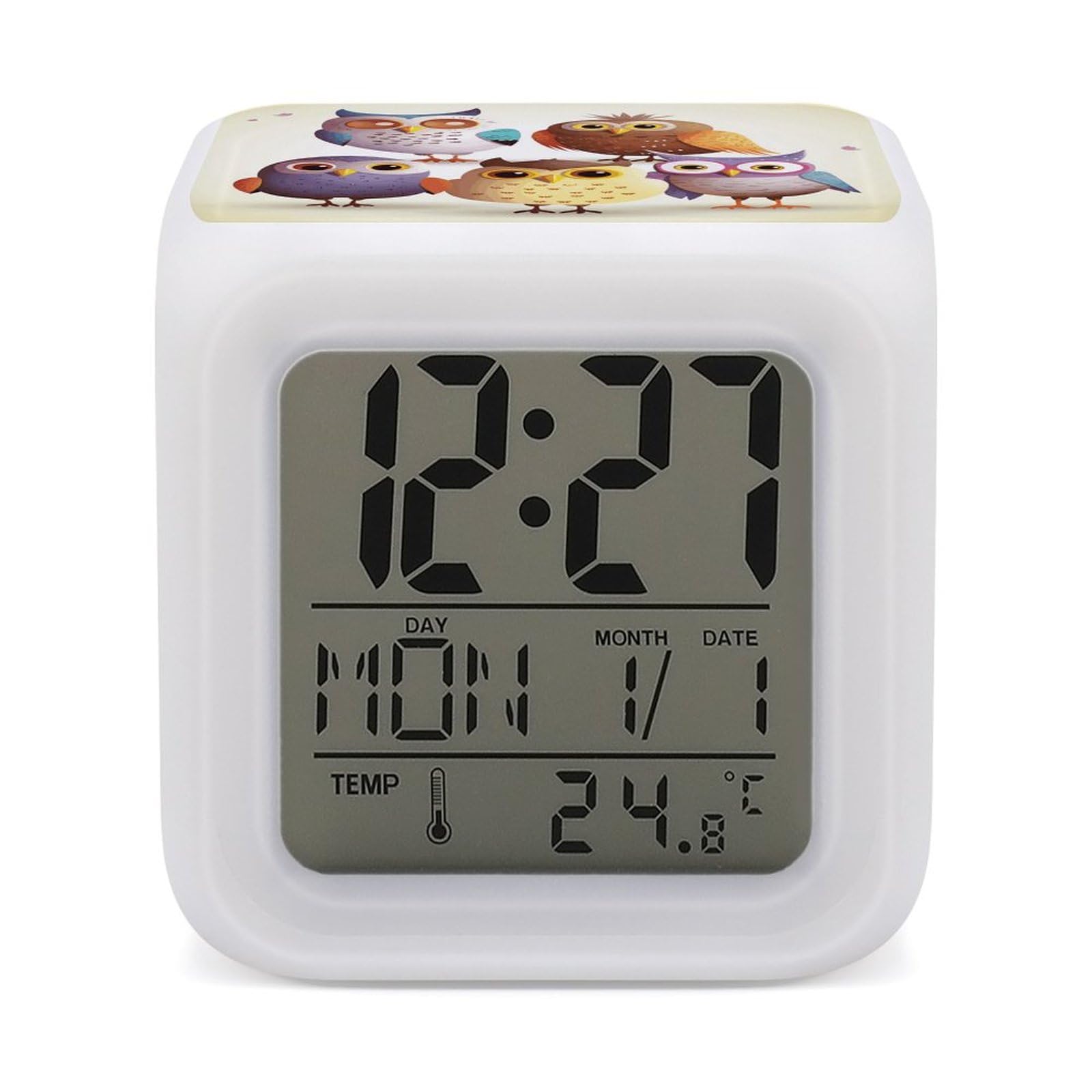 JTREHY 7 Color Changing LED Digital Alarm Clock,Owls Birds Printed Wake-up Clock with Temperature Display Home Decoration Alarm Clock for Bedroom Office
