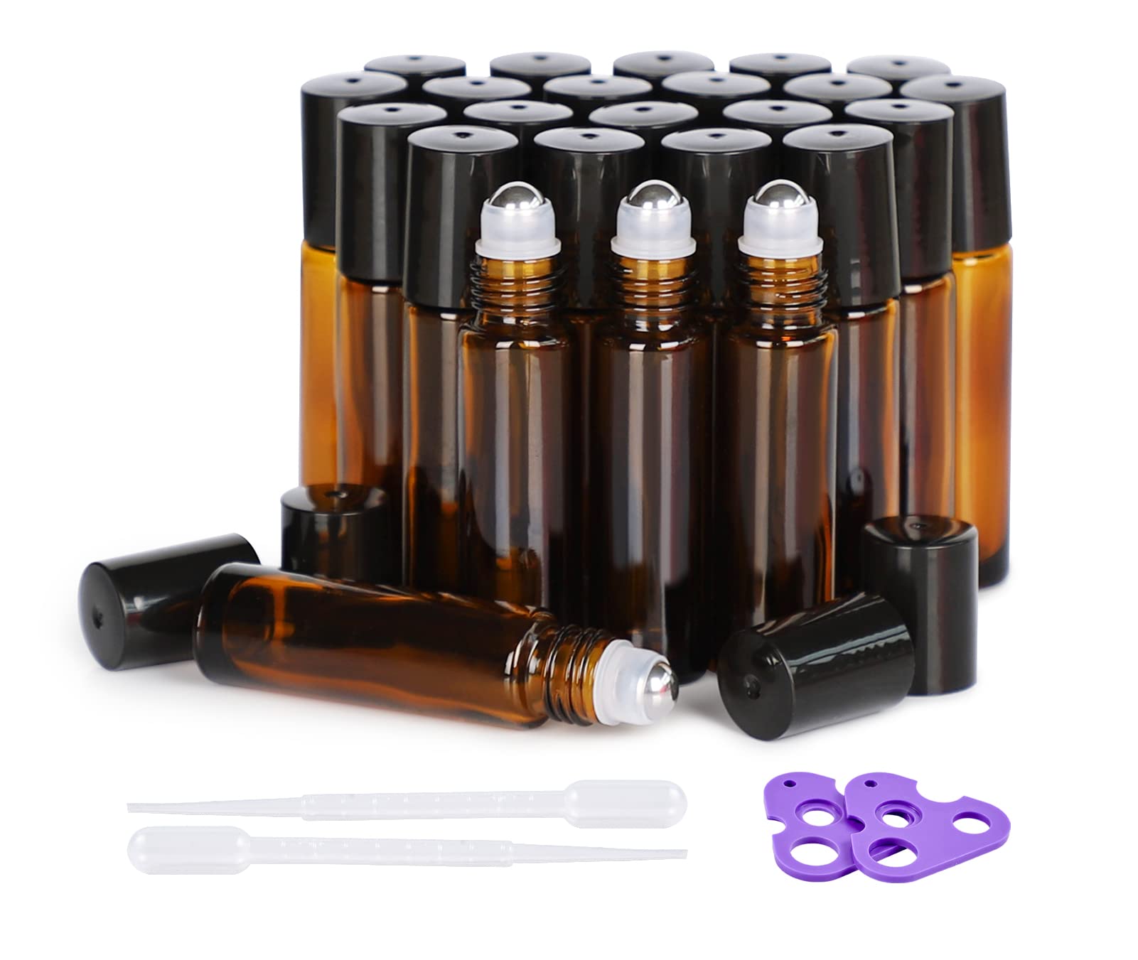 Essential Oil Roller Bottles, 24 Pack Hoa Kinh 10ml Empty Glass Amber Roller Bottles UV Protection with Stainless Steel Balls