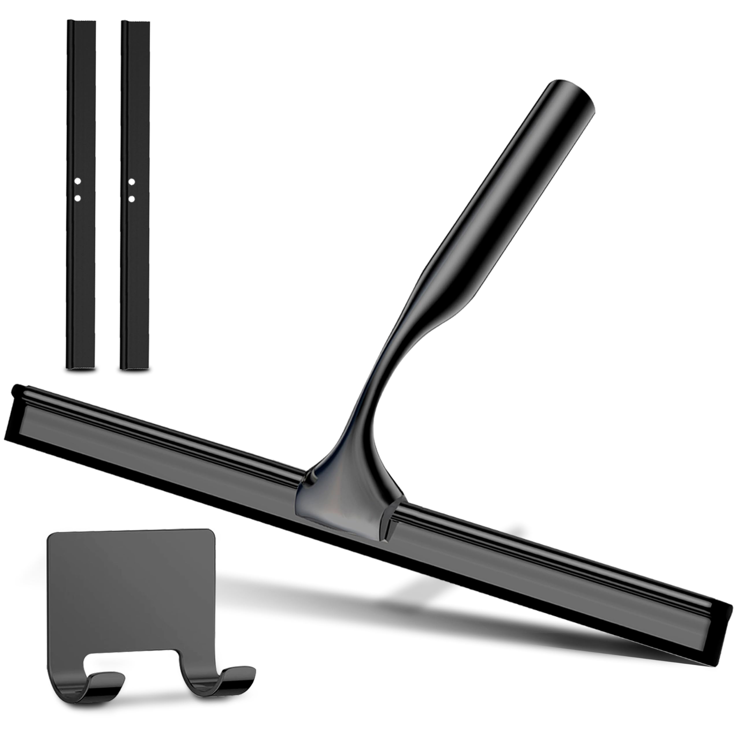 COFTCLMOMT Douche En Acier INOX, 25cm Raclette De Douche Avec Crochet, Raclette Vitre Douche Pas Besoin De Percer, Nettoyer La Salle De Bain, La Cuisine Et Les Vitres De Voiture (Noir