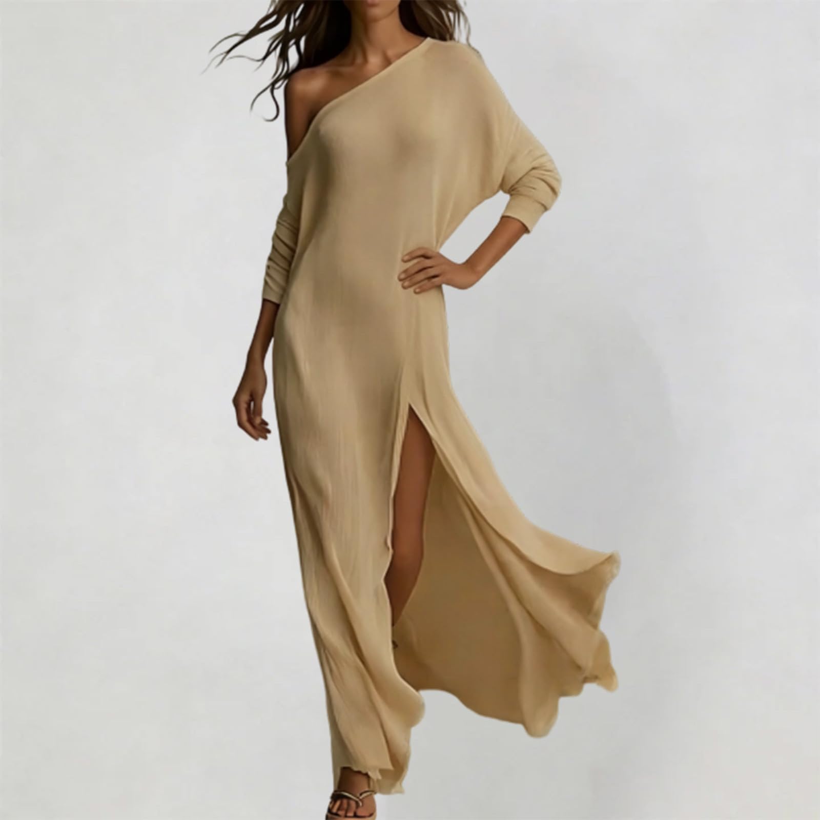 Generisch Elegante abito a maniche lunghe in maglia a lunghezza midi con volant e spacco laterale per abbigliamento estivo casual per tutti i giorni e in ufficio