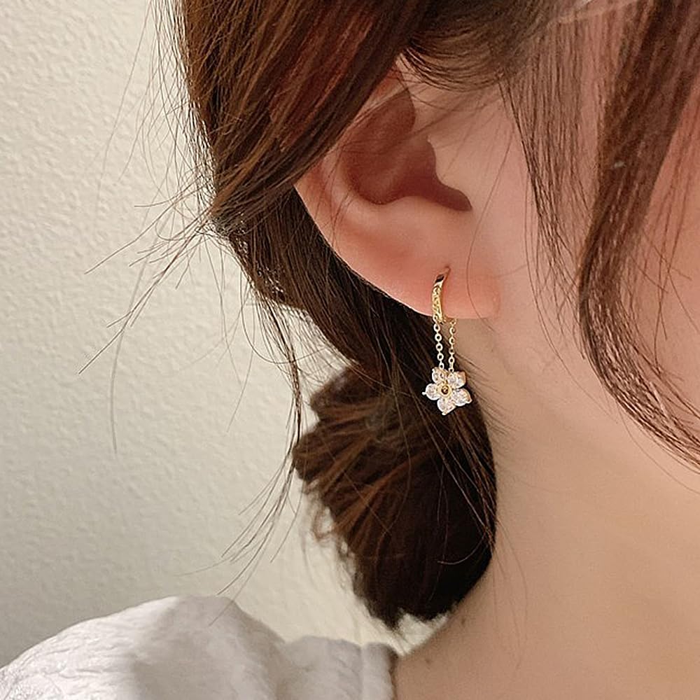 14K Gold Plated Rhinestone Flower Hoop Earrings for Women,Sparkly Rotatable Floral Statement Dangle Earrings, Fashion Birthday Graduation Jewelry Gifts - Image 2