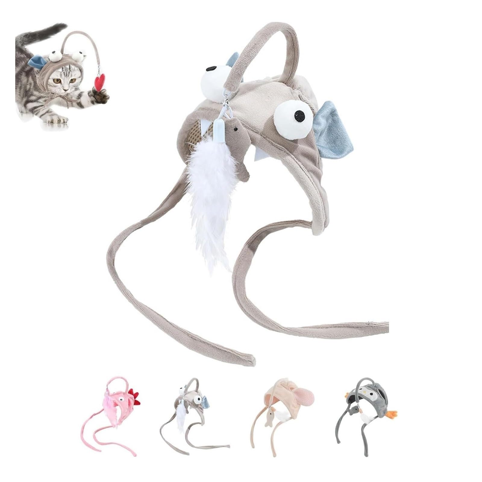 Casque interactif pour chat d'intérieur avec plumes - Chapeau réglable et flexible modèle A