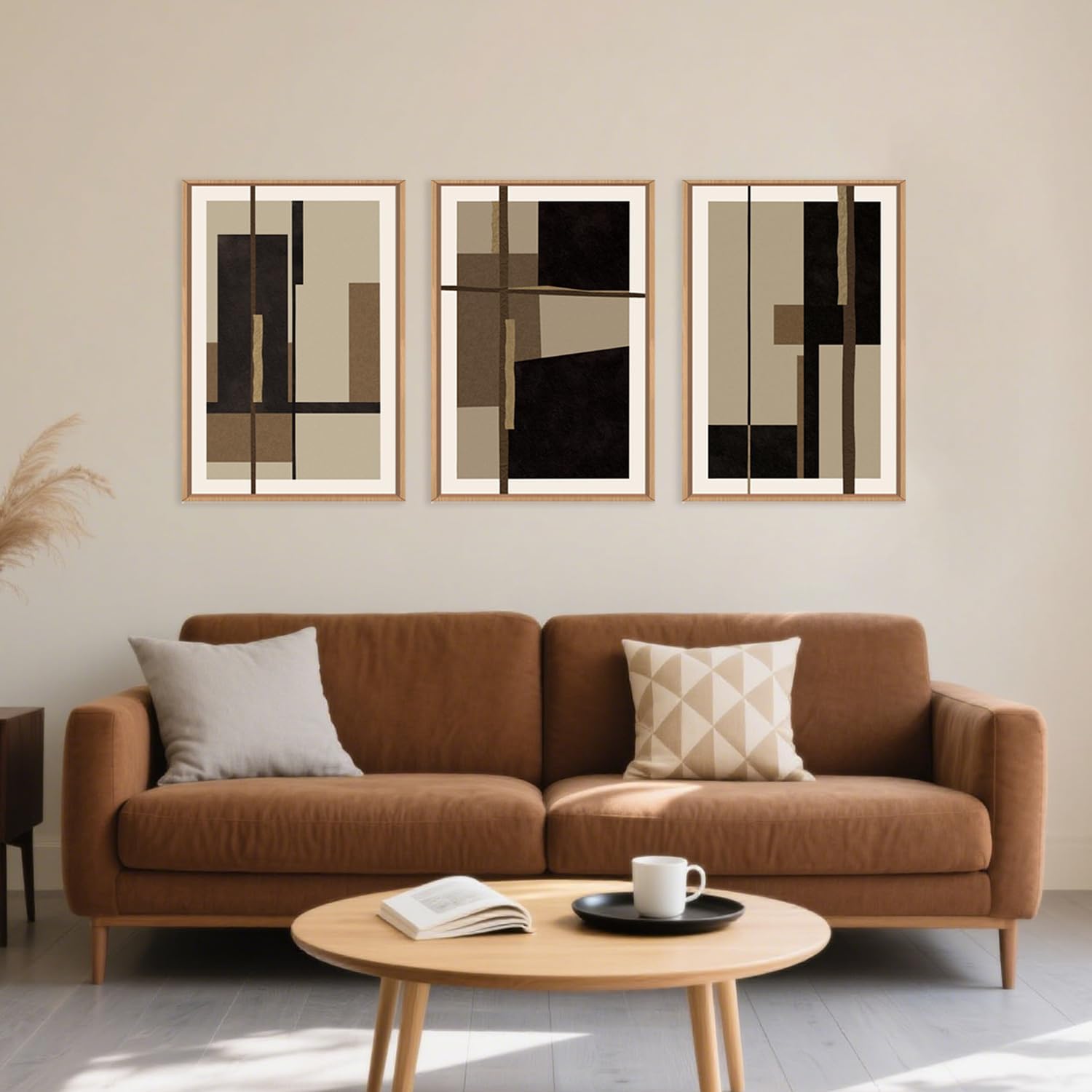 Abstract Shapes Framed Canvas Wall Art Set, Mid-Century Black Polygon Wall Decor, Black Brown Irregular Painting, Neutral Modern Art Print for Living Room, Dining Room, Office - 16"x24"x3 Black Shapes Wall Art 16"L x 24"W