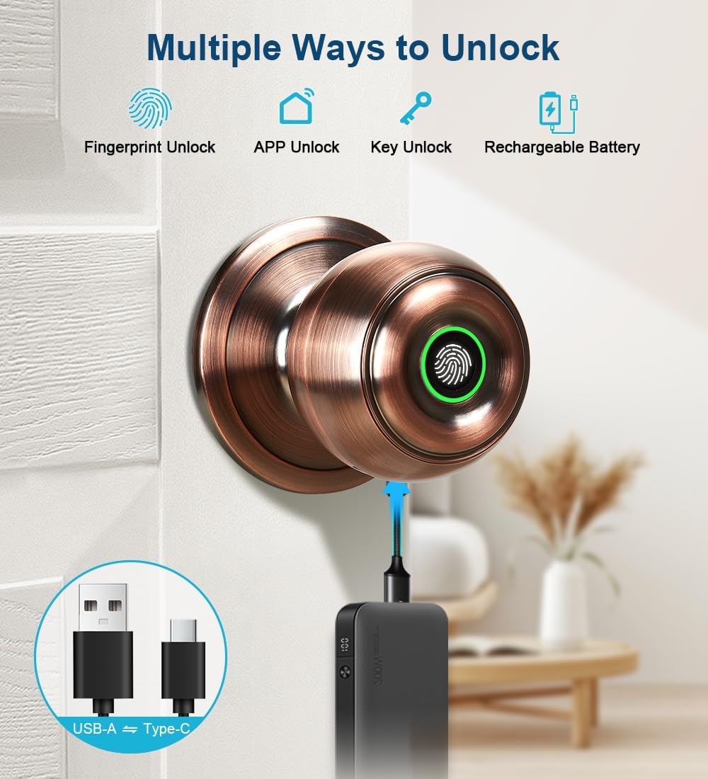 Fingerprint Door Lock, Smart Fingerprint Door Knob with Lock, Biometric Doors Locks with App Control & Key, Keyless Thumbprint Entry Door Locks for Bedroom, Front Door, Home-Antique Copper