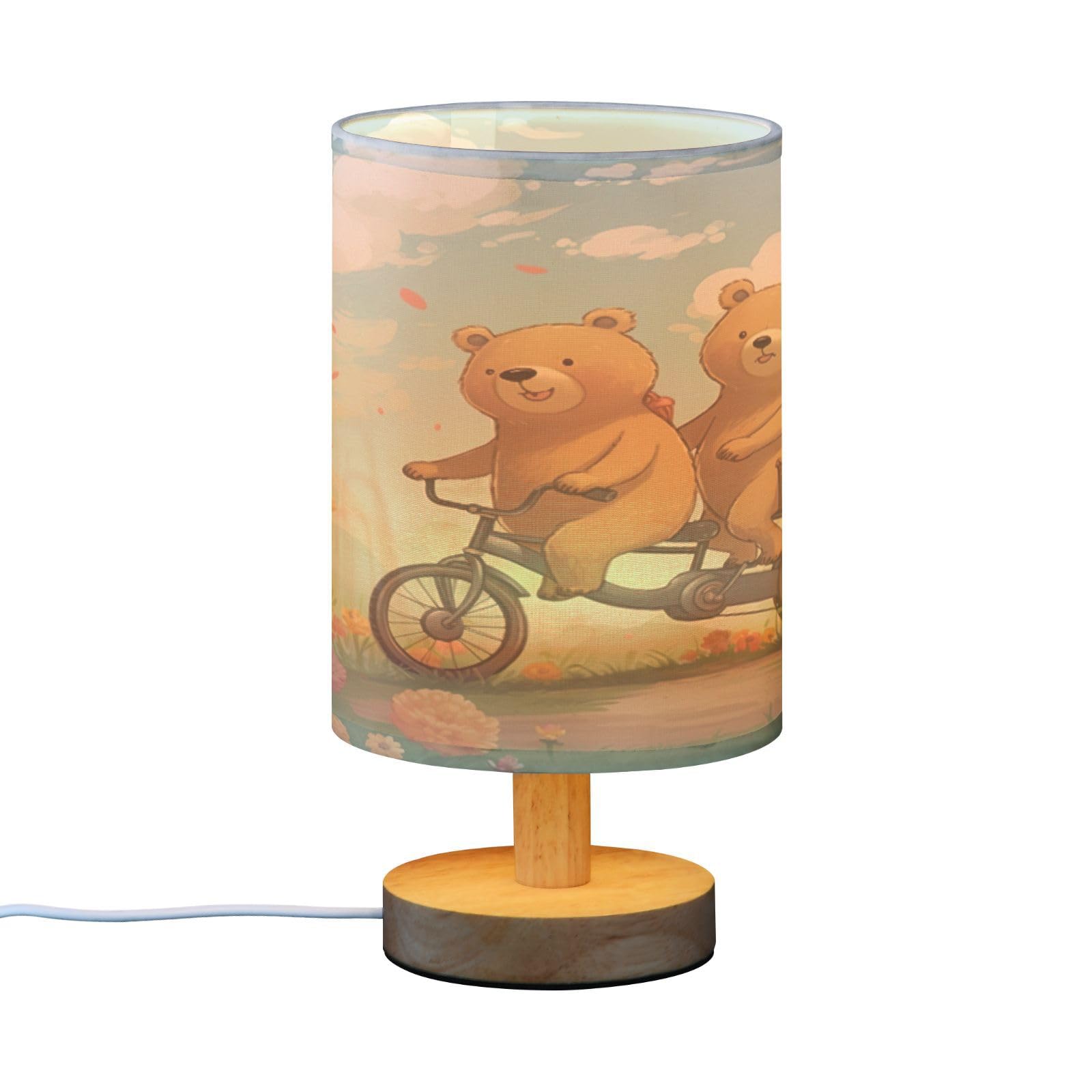 SDMKA Cartoon Bears Bedside Table Lamp for Bedroom, Minimalist Nightstand Lamp with Round Fabric Shade for Living Room, Office, No Bulb Required