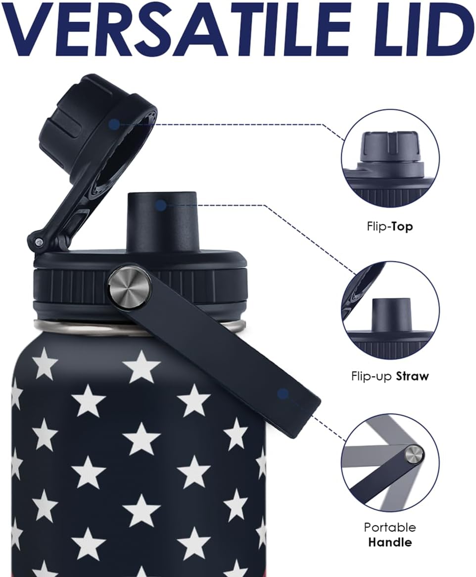 American Flag Insulated Stainless Steel Water Bottle 32oz, Vacuum Chug Lid Travel Tumbler for Men Friends Dads Grandpa, Birthday Christmas July 4th