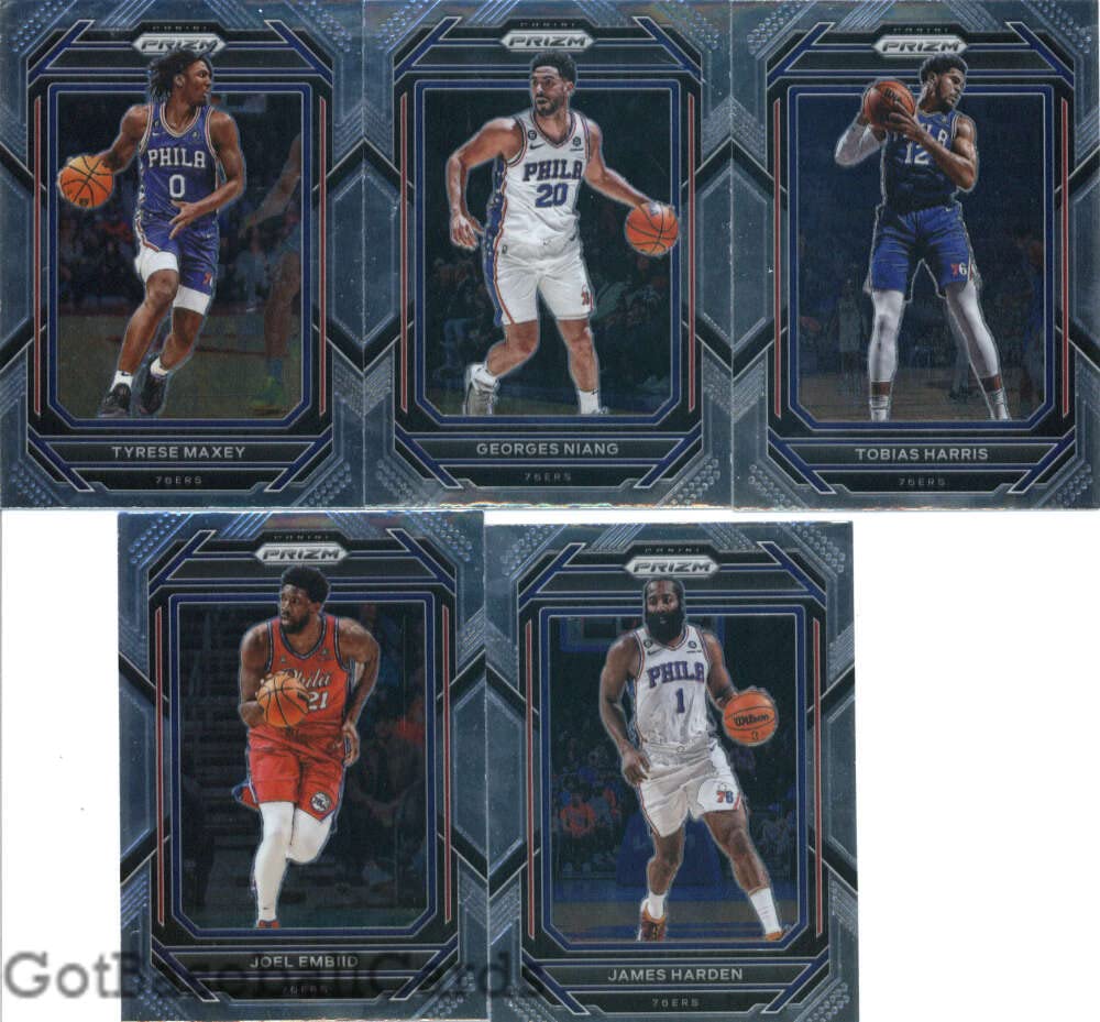 2022-23 Panini Prizm (No SP) Philadelphia 76ers Team Set of 10 Cards: Tyrese Maxey(#21), Georges Niang(#24), Tobias Harris(#31), Joel Embiid(#34), James Harden(#35), De'Anthony Melton(#36), P.J. Tucker(#42), Montrezl Harrell(#165), Allen Iverson(#281), Charles Barkley(#300) - GotBaseballCards