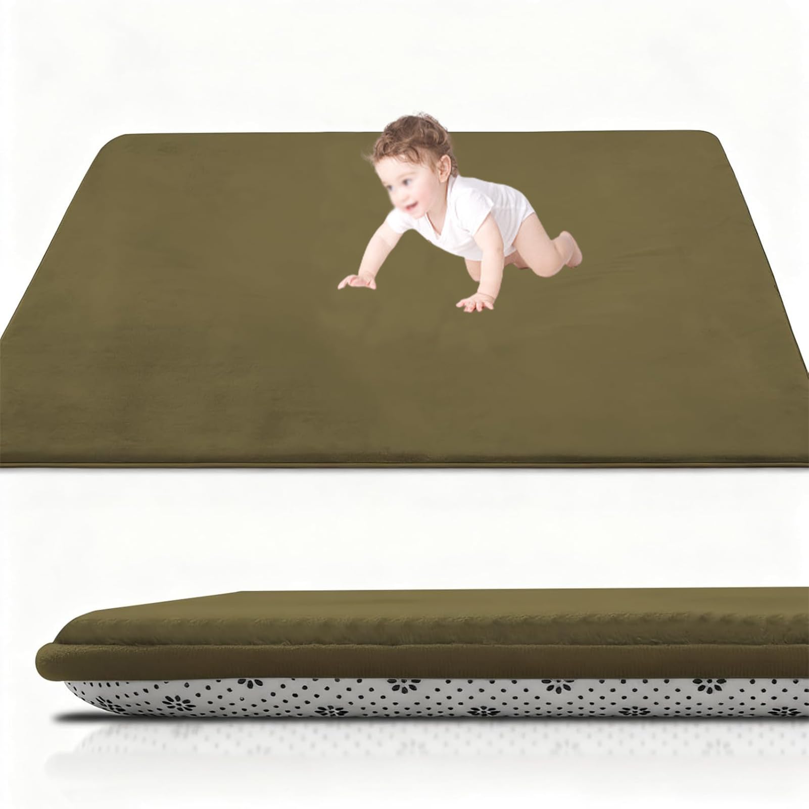 XUEGAIXIA Coral Velvet Baby Play Mat, 2CM Thick Baby Crawling Mat 200 x 250 cm Green Nursery Rug for Crawling & Playing for Bedroom, Kids Room, Playmat Non-slip Nursery Babies Mats for Floor Play
