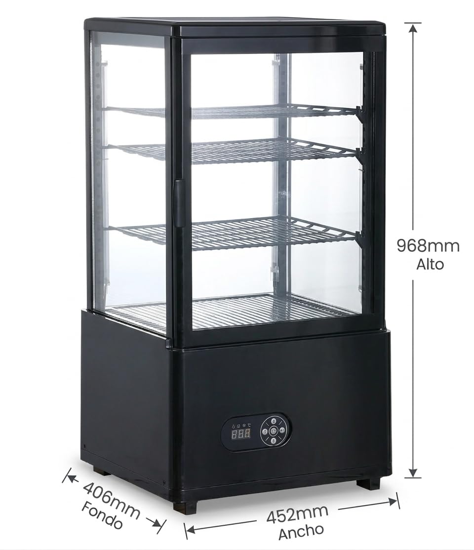 Vitrina Refriguerada Expositora, 78 L, Estantes Ajustables, Iluminación LED, Blanco y Negro medida 45,2 x 40,6 x 96,8 | Vitrina Horeca