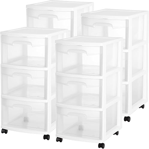 Sterilite Paquete de 4 organizadores de almacenamiento de plástico, carrito con 3 cajones, organizador de armario, color blanco Blanco,Negro