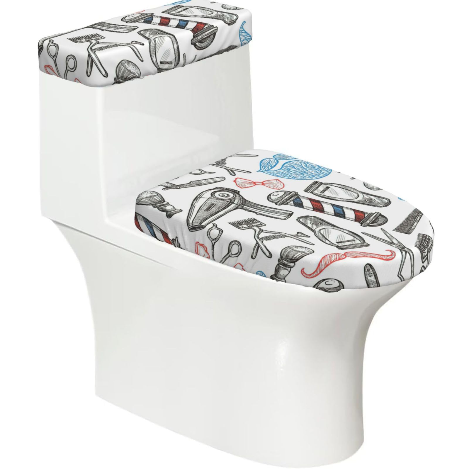Barber Shop Monochrome Style Printed Toilet Tank and Lid Cover Set of 2 for Most Bathrooms, Fits Elongated Round Toilets