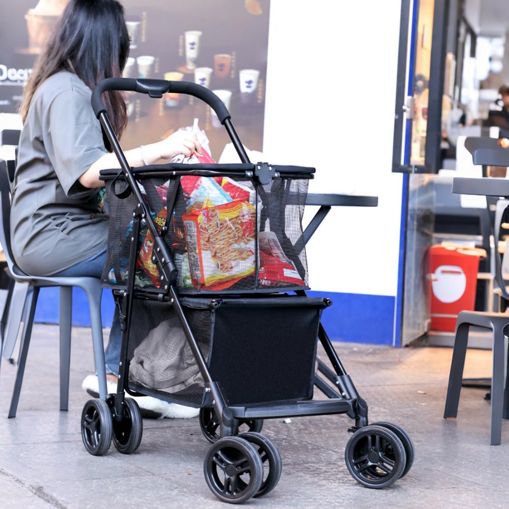 80lbs Foldable Shopping Cart with Removable Basket and 360° Swivel Wheels, Multifunctional Collapsible Cart, Removable Basket Personal Shopping Cart for Picnic Camping