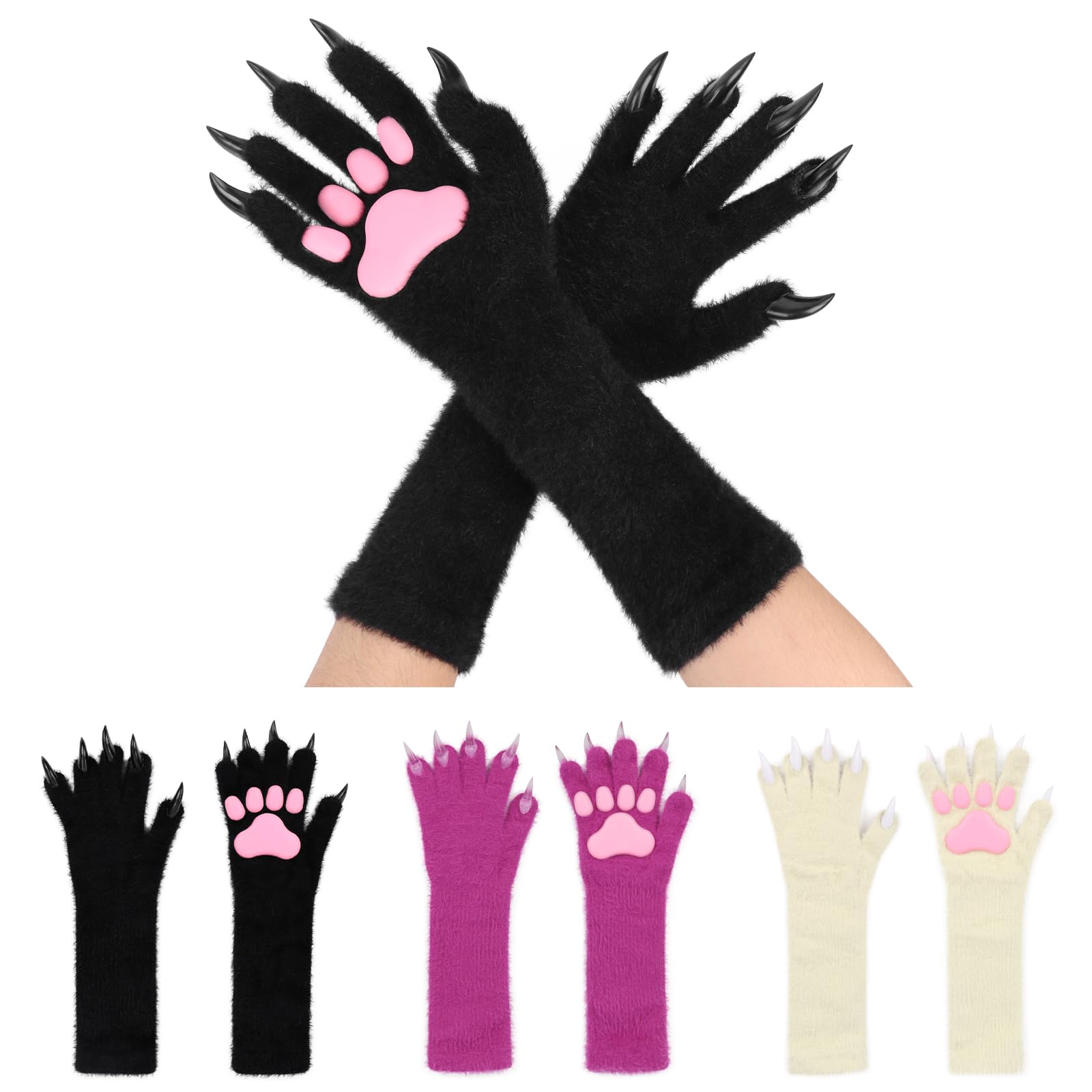 COSYEARS Animal Paw Gloves with Cat Bear Fox Wolf Dog Claws Pads for Halloween Party Cosplay: Black