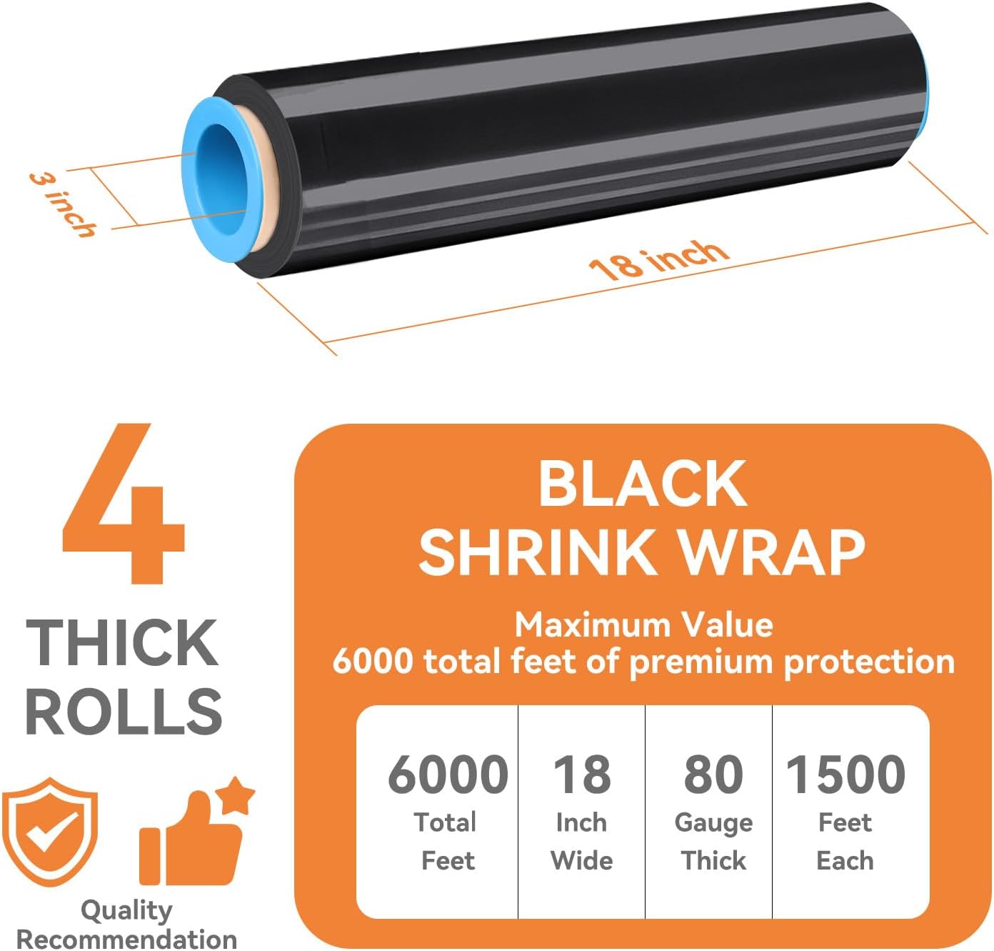 4 Rolls Black Stretch/Shrink Wrap Roll 18" x 1500' - Plastic Wrap for Moving, Heavy Duty 80 Gauge, 600% Stretch for Packing, Pallets, Shipping&Furniture Protection​ with Handles