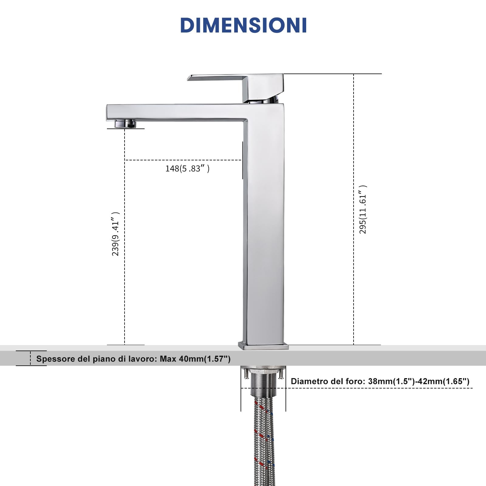 Rubinetto da Bagno Cromato, Miscelatore Lavabo Alto, Rubinetto Lavabo per Bagno, Miscelatore Acqua Calda e Fredda Regolabile, Acciaio Inossidabile (Argento)