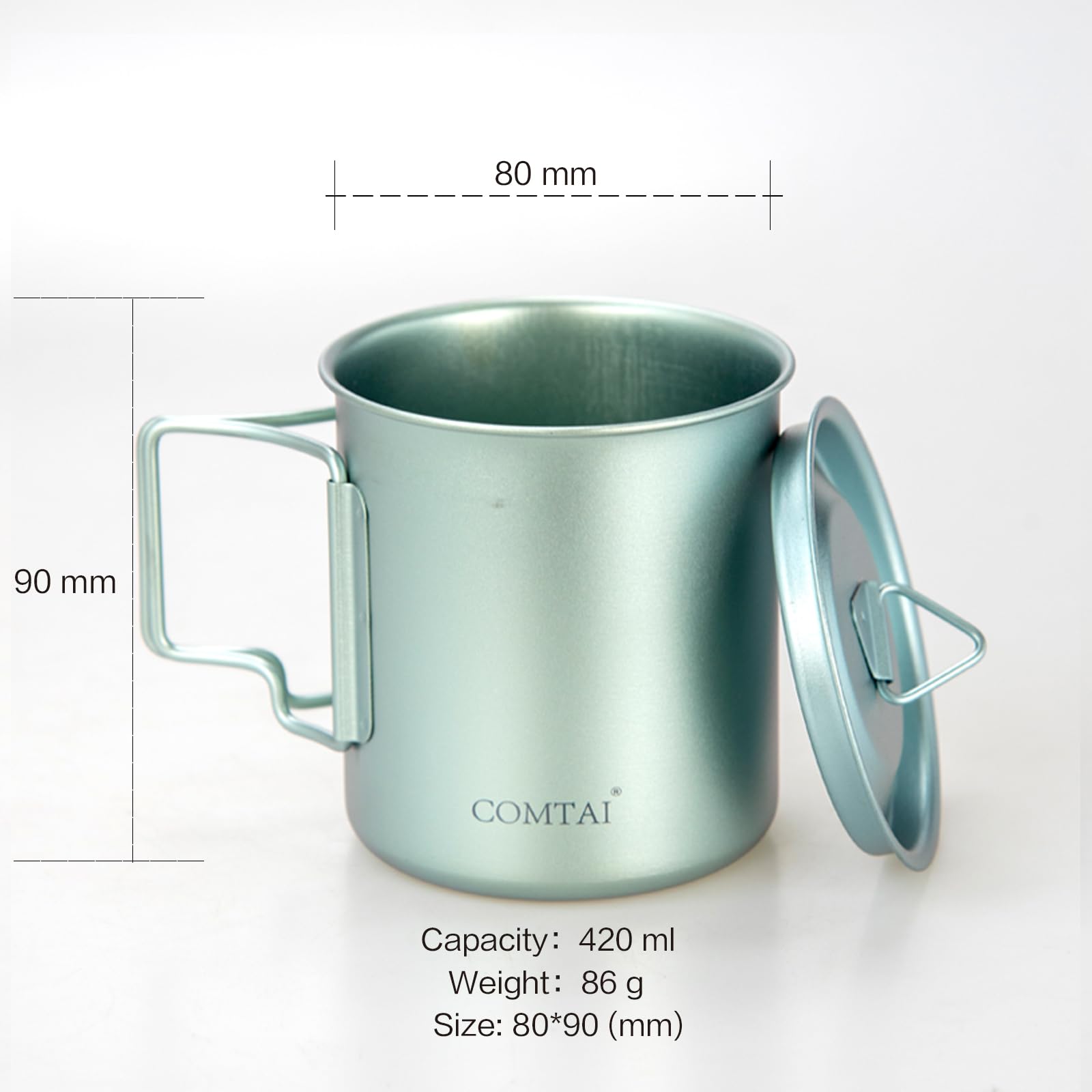 COMTAI Titanium Pot, 420ml/15 oz Mug with Lid and Foldable Handle, Outdoor Titanium Cup for Hiking Camping Cooking-Cyan
