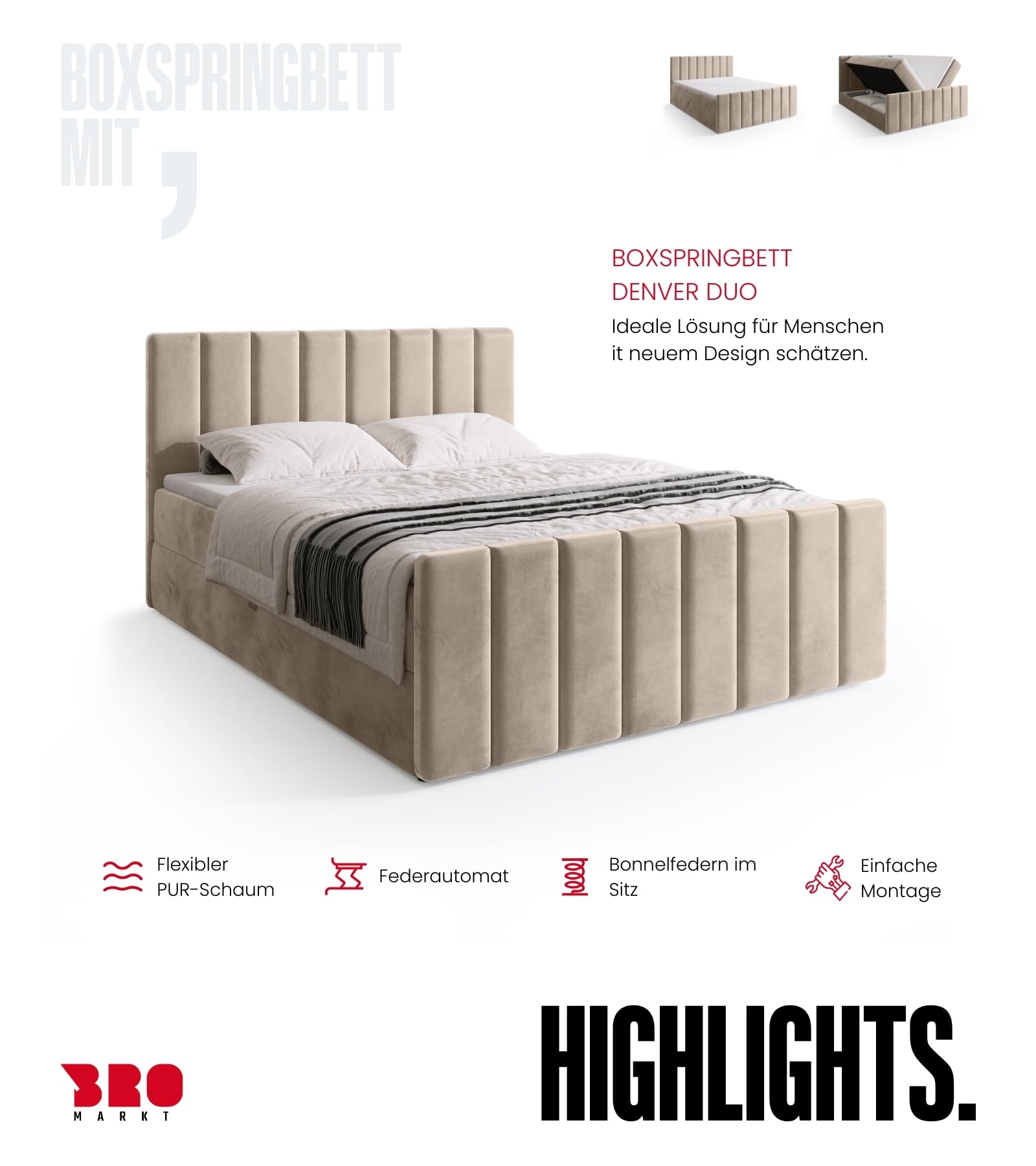 BROMARKT Boxspringbett mit Matratze 180x200cm Bett mit Topper Beige | Polsterbett mit Bettkasten Doppelbett mit Stauraum für Schlafzimmer gepolsterte Kopfteil Bed Bonell H3 DENVER DUO