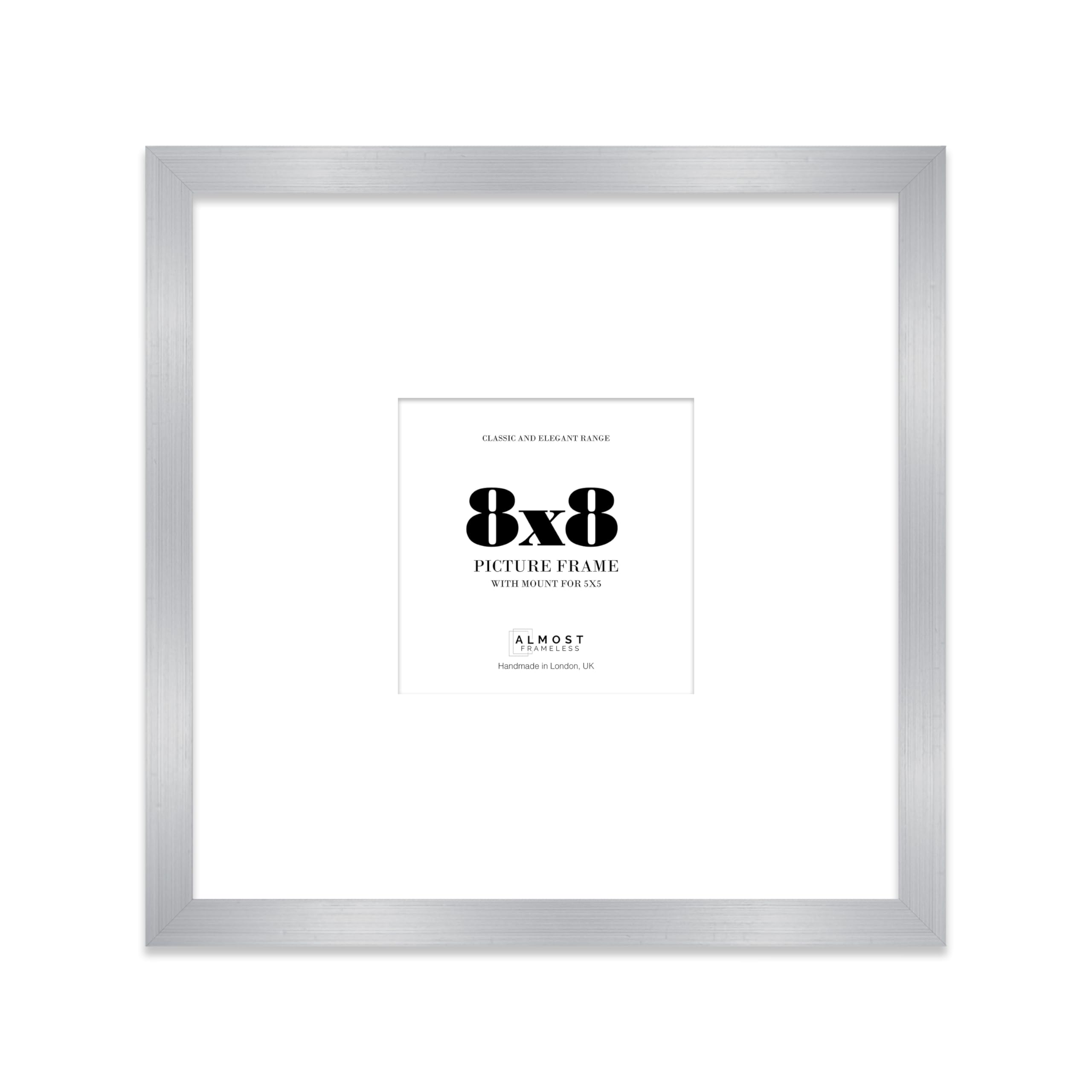 Almost Frameless 8x8 Square Picture Frame, Display Pictures 5x5 With Mat or 8x8 Without Mat, Wall Hanging & Free Standing Photo Frame, Silver, 1 Pack