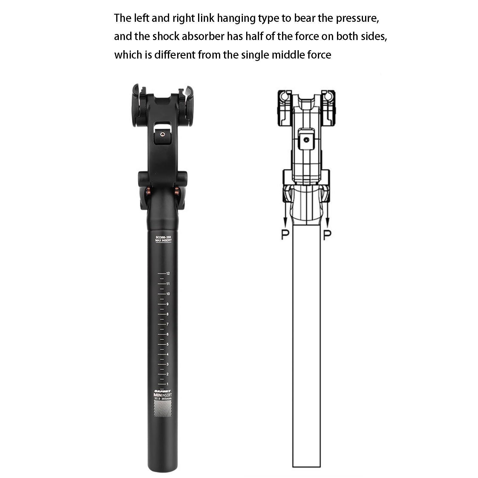 Tige de Selle Suspendue pour vélo, 27,2/28,6/30/30,4/30,8/33,9 x 365 mm, Tige de Selle avec Amortisseur et Capuchon de Protection pour Route, Gravel et VTT (30,4 mm)