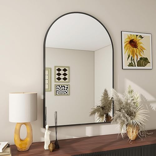 BEAUTYPEAK Espejo de pared con arco de 16 x 24 pulgadas, espejo de pared negro con marco de metal para dormitorio, entrada, sala de estar