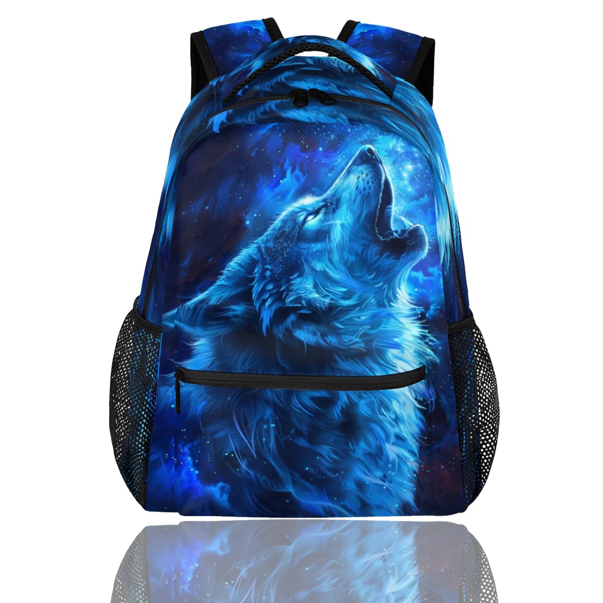 cfpolar Wolf Backpack for School, Blue Wolf Galaxy Space Laptop Backpack Water Resistant Bookbag Computer Bag Travel Hiking Camping Rucksack Daypack