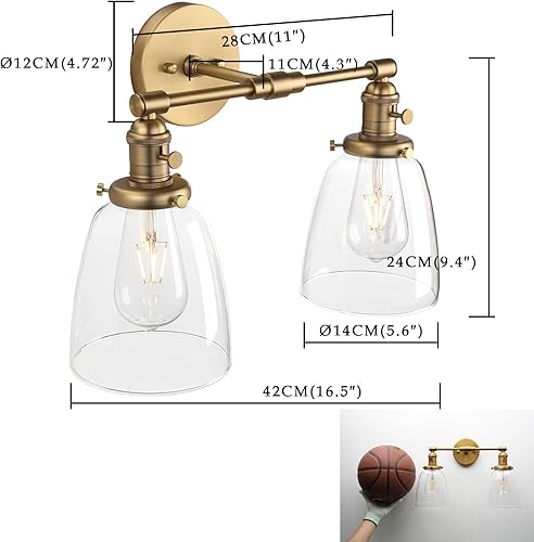 Miniatura 7 de Phansthy Apliques de pared industriales retro de 2 luces, lámpara de tocador de baño, lámpara de pared con doble pantalla de vidrio transparente en