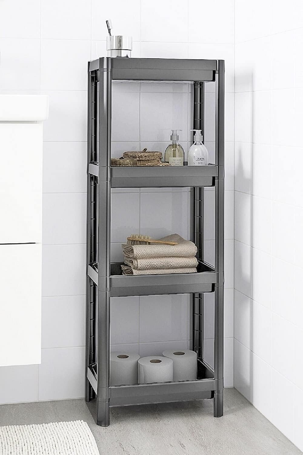 Orret Home 4 Katlı Geçmeli Plastik Banyo ve Mutfak Organizeri, Kolay Montajlı 4 Katlı Raf, Mutfakta ve Banyoda Kullanım İçin İdeal, Dayanıklı Depolama Çözümü (Antrasit Gri)