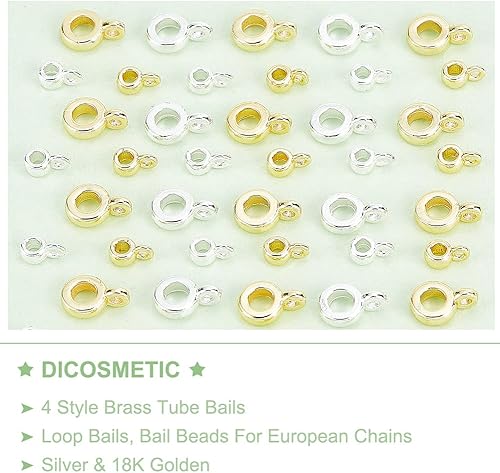 Miniatura 4 de DICOSMETIC 80 cuentas de latón de 2 tamaños para colgar cuentas redondas espaciadoras con lazo de abalorios, cuentas de tubo dorado y plateado,