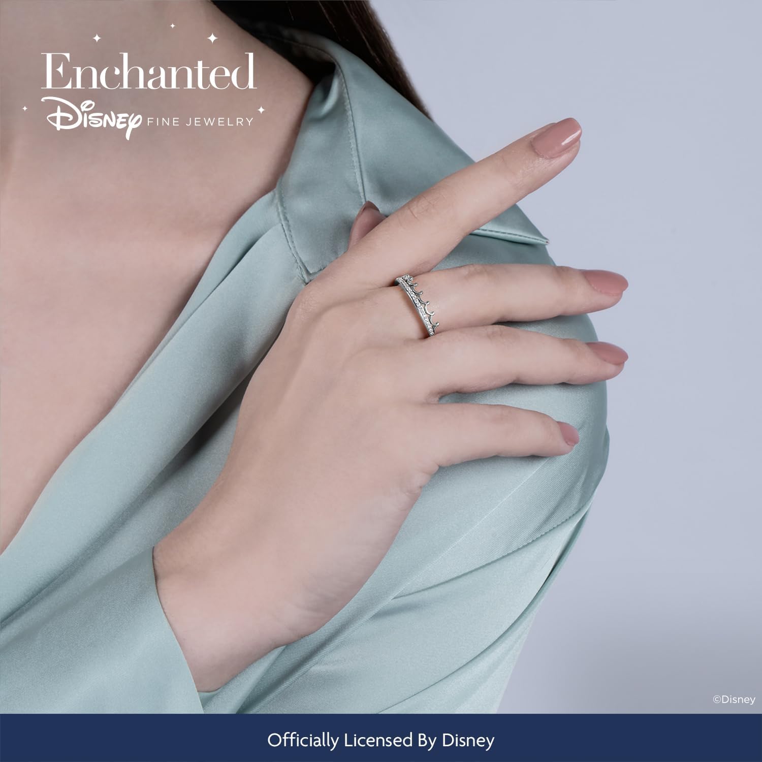 Jewelili Enchanted Disney Fine Jewelry 10K White Gold 1/10 Cttw Diamond Majestic Princess Tiara Ring