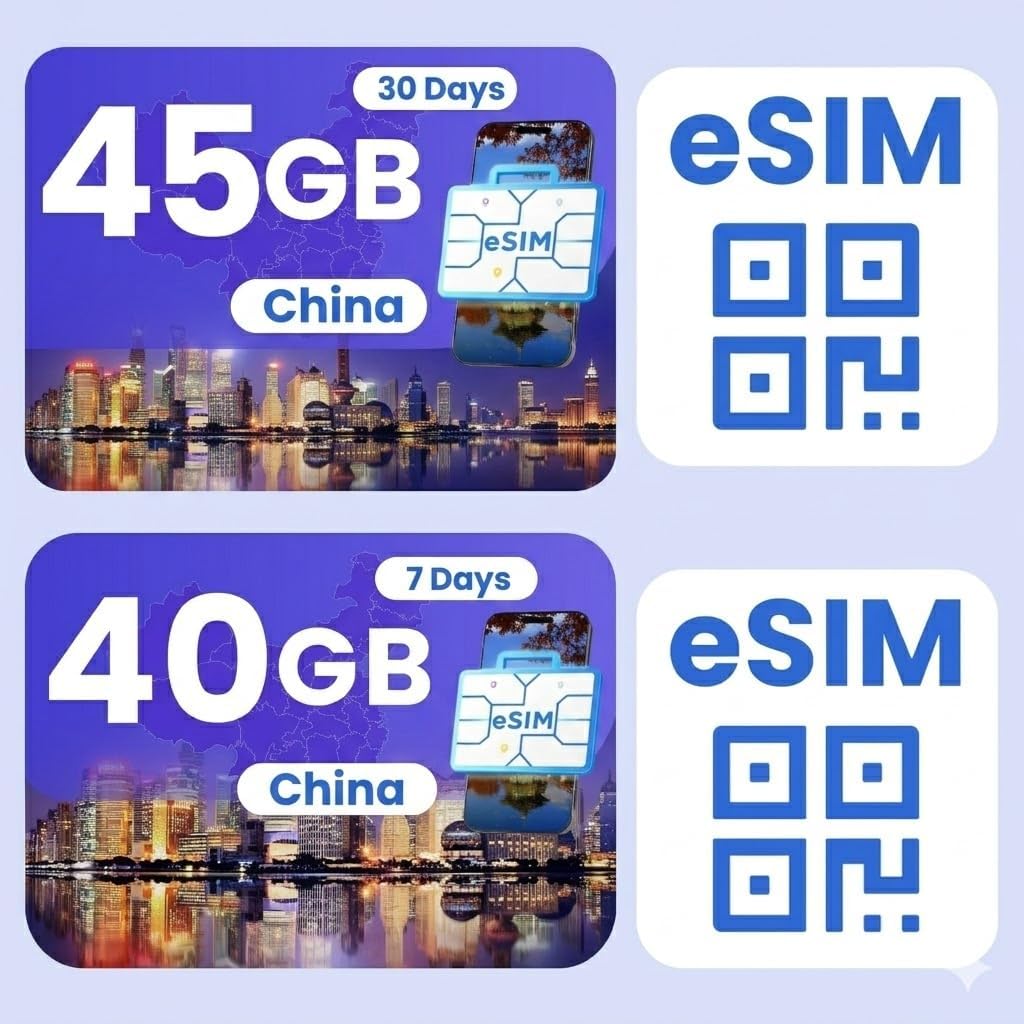 eSIM Bundle for International Travel, China 45GB/ 30 Days – China 40GB/ 7Days, 4G/5G Speed, Hotspot Supported, Instant Activation in 10 Minutes