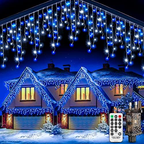 Outdoor Icicle Christmas Lights 10M - Fairy Lights Plug in Cool White & Blue Connectable Waterproof Led Bright Icicle Lights Mains Powered with 8 Modes & Remote Timer for Window Garden Party