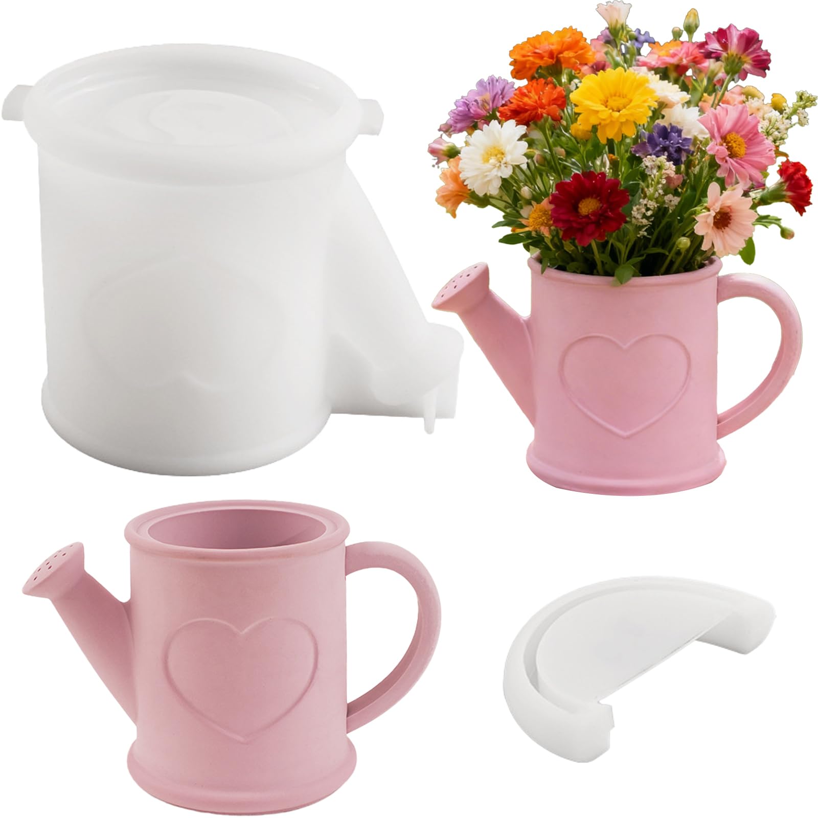 3D Watering Can Resin Mold Jar Silicone Epoxy Concrete Cement Mold | Heart Pattern Epoxy Concrete Cement Mold for Planter Pot Candle Holder Storage Jar DIY Home Decor Craft Decorations Gifts