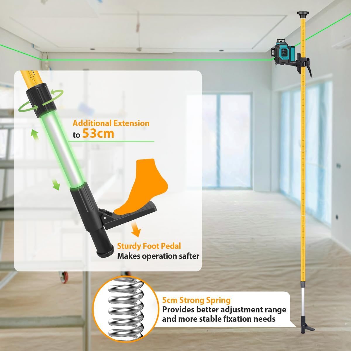 Takamine Ft./3.7m Telescoping Pole with Adjustable Laser Level Tripod, 1/4-Inch by 20-Inch Laser Pole Mount for Rotating Laser Levels Includes 5/8"-11 Adapter Nut